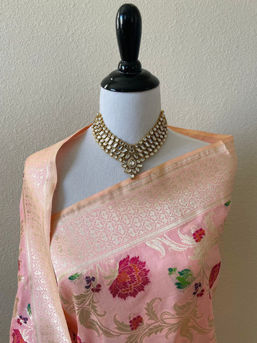 Banarasi Katan Silk Saree with Meenakari Work | Shade of Pastel Pink & Pink | Handwoven | Silk Mark | Ships from California